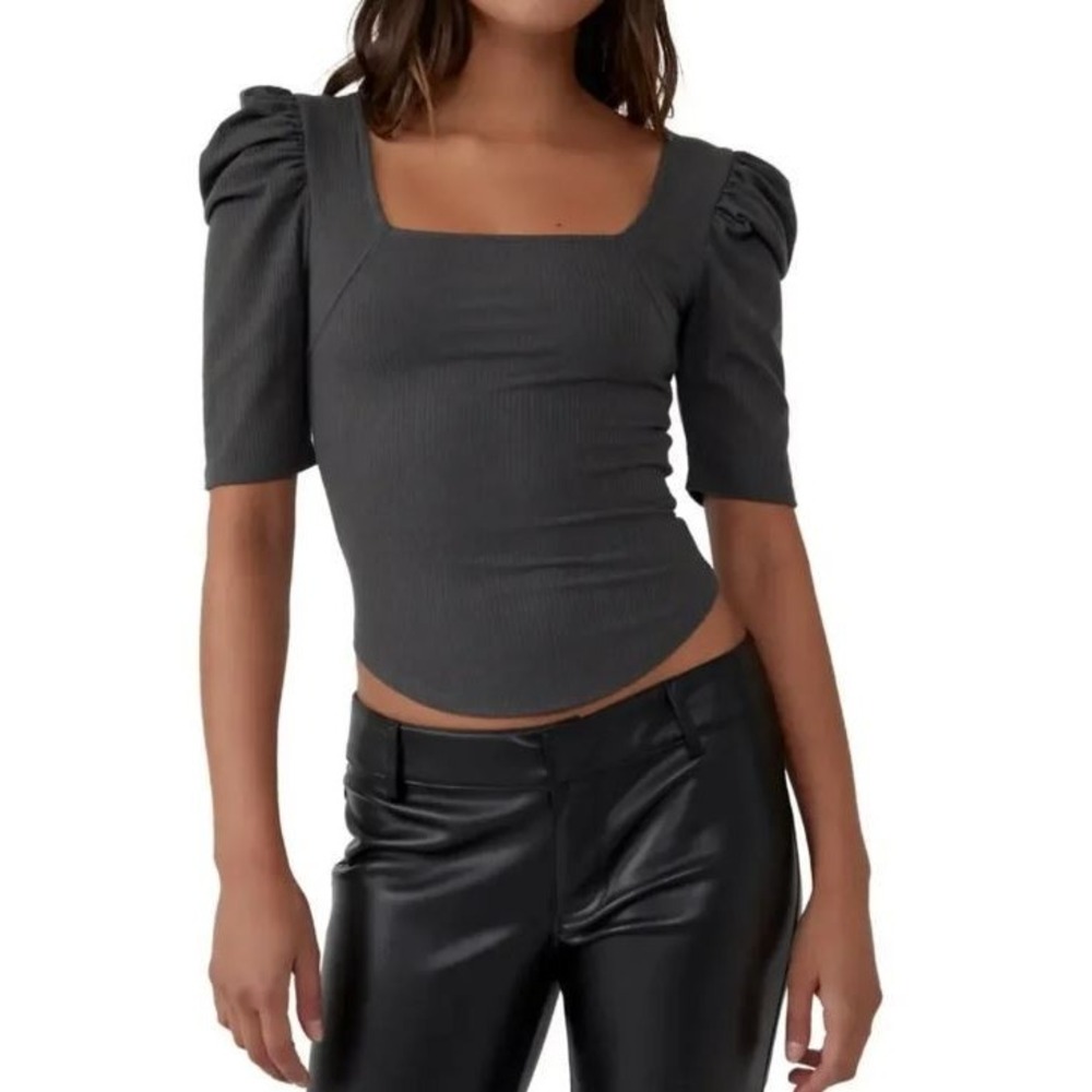 Free People Women's Night Lily Ribbed Puff‎ Sleeve Crop Top in Charcoal Medium